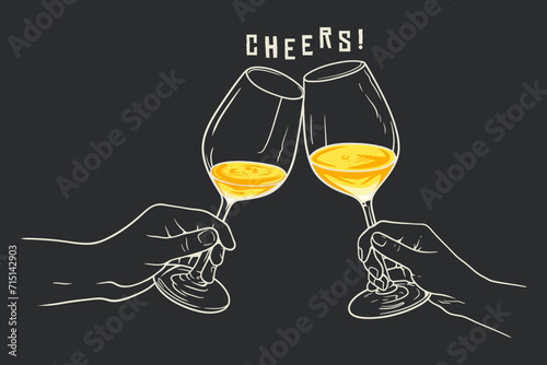 Illustration of two hands clinking glasses of white wine on black background photo