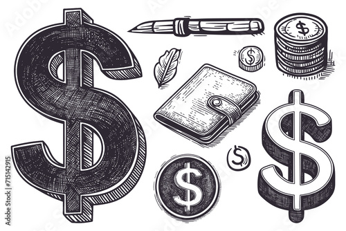Dollar money icon set. Hand drawn sketch style. Vector illustration. photo