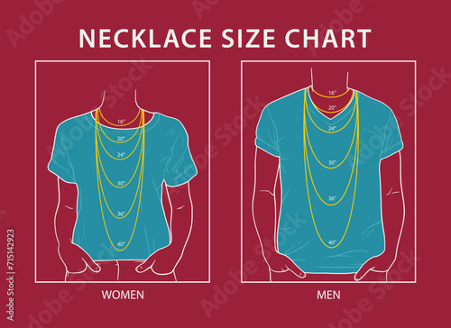 Woman and man necklace size chart on white background