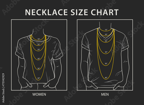 Woman and man necklace size chart on white background