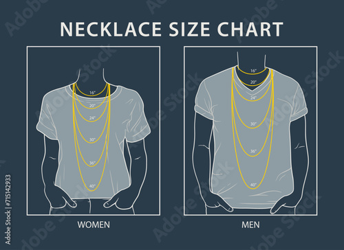 Woman and man necklace size chart on white background