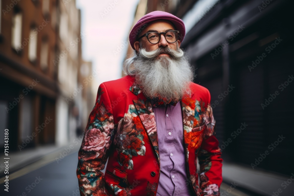 Portrait of senior bearded hipster man with long white beard wearing red jacket and beret outdoors