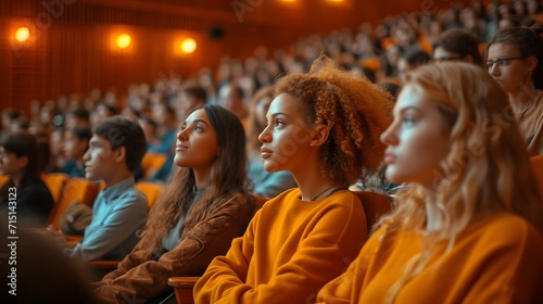 college lecture hall with students sitting. people in a hall