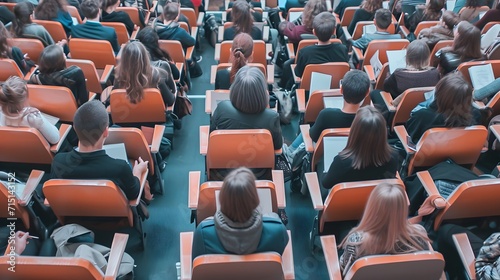 college lecture hall with students sitting. people in a hall. rows of chairs in conference hall