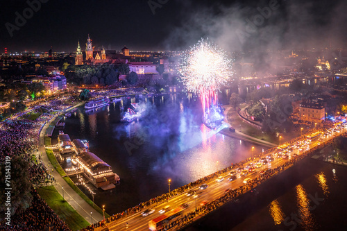 Fireworks over Wawel Royal Castle in Krakow during Dragon Parade, Poland photo