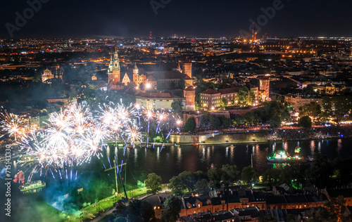 Fireworks over Wawel Royal Castle in Krakow during Dragon Festival, Poland.