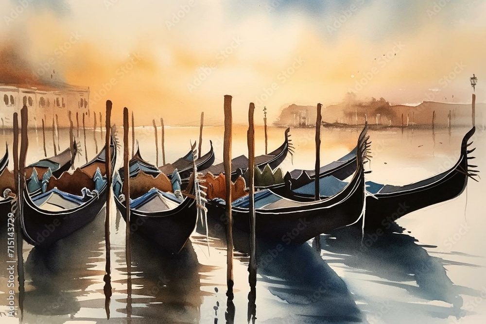 Morning watercolor painting of gondolas in Venice. Generative AI