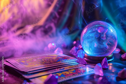 
fortune telling ball, tarot cards on the table with crystals and smoke . Blurred background. purple and blue colors photo