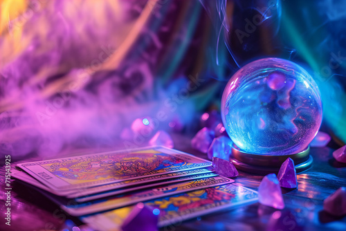 
fortune telling ball, tarot cards on the table with crystals and smoke . Blurred background. purple and blue colors