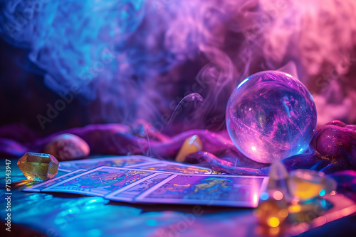 
fortune telling ball, tarot cards on the table with crystals and smoke . Blurred background. purple and blue colors photo