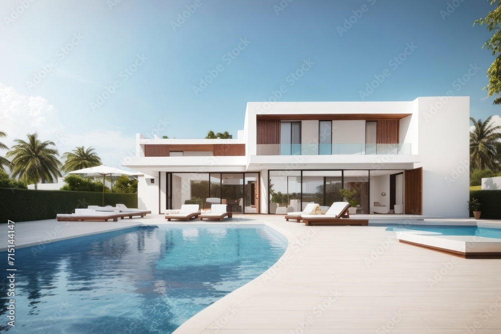Residential architecture exterior home design of modern villa with pool and white wall Residential architecture exterior home design of modern villa with pool and white wall