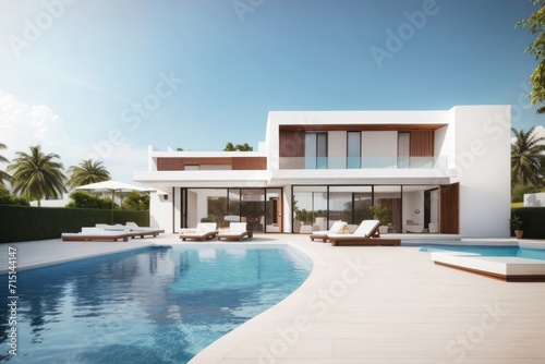 Residential architecture exterior home design of modern villa with pool and white wall © Basileus