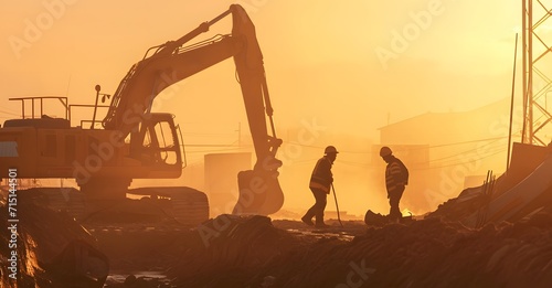 construction workers standing near a excavation excavator at work in the quarry. excavator at work in sunset
