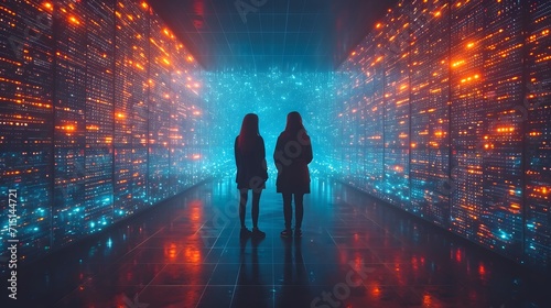 two people look at the computers in the data center. silhouette of a professional person in a corridor