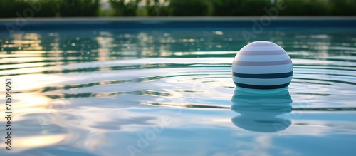 ball on the calm water of the courtyard pool at dusk photo