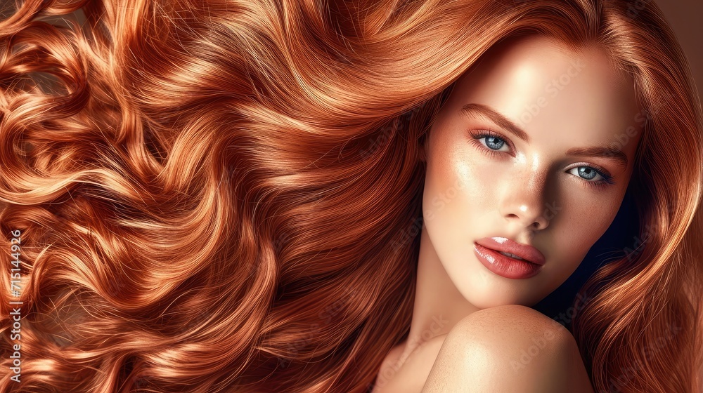 Naklejka premium Beauty girl with long and shiny wavy Hair ,coloring and toning, shatush and balayash . Beautiful woman model with curly hairstyle