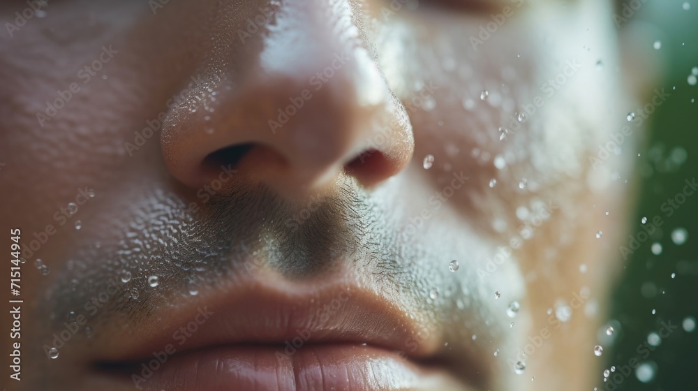 Extreme closeup of a mans nose covered in a hydrating face mask, with small droplets visible.