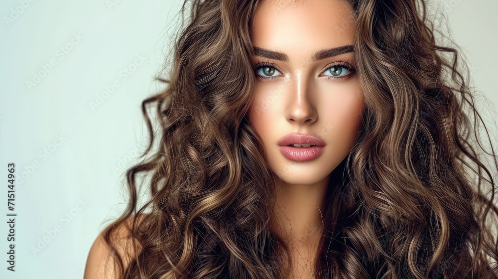 Naklejka premium Brunette girl with long and shiny curly hair . Beautiful model woman with wavy hairstyle