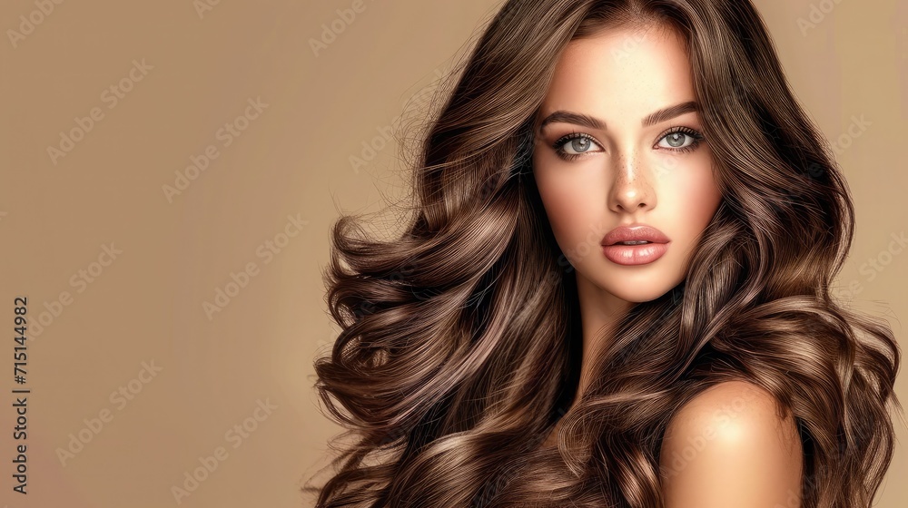 Brunette girl with long and shiny wavy hair . Beautiful model with curly hairstyle .
