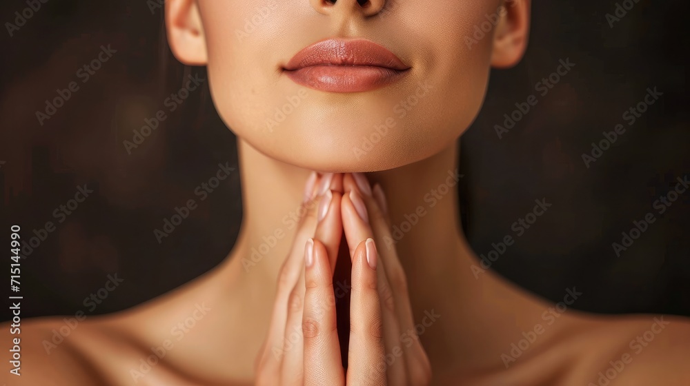 Cropped shot of young caucasian woman touching under the chin with