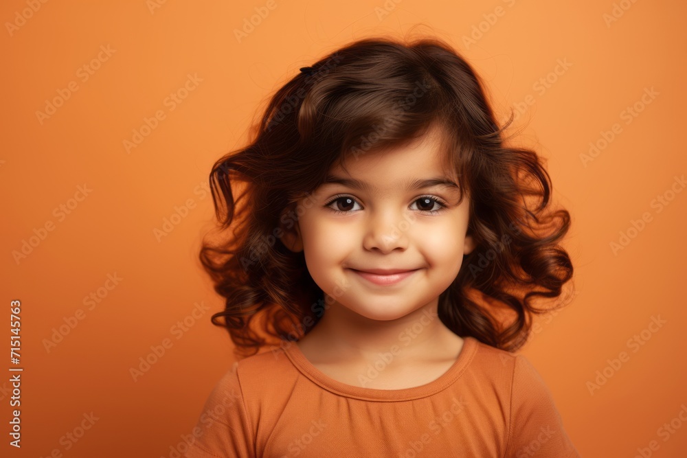 smiling little girl with long curly hair looking at camera over orange background smiling little girl with long curly hair looking at camera over orange background