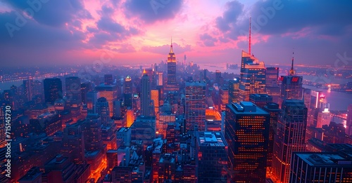 view of new york city skyline at sunset. views from the top of world trade center panorama of the city photo
