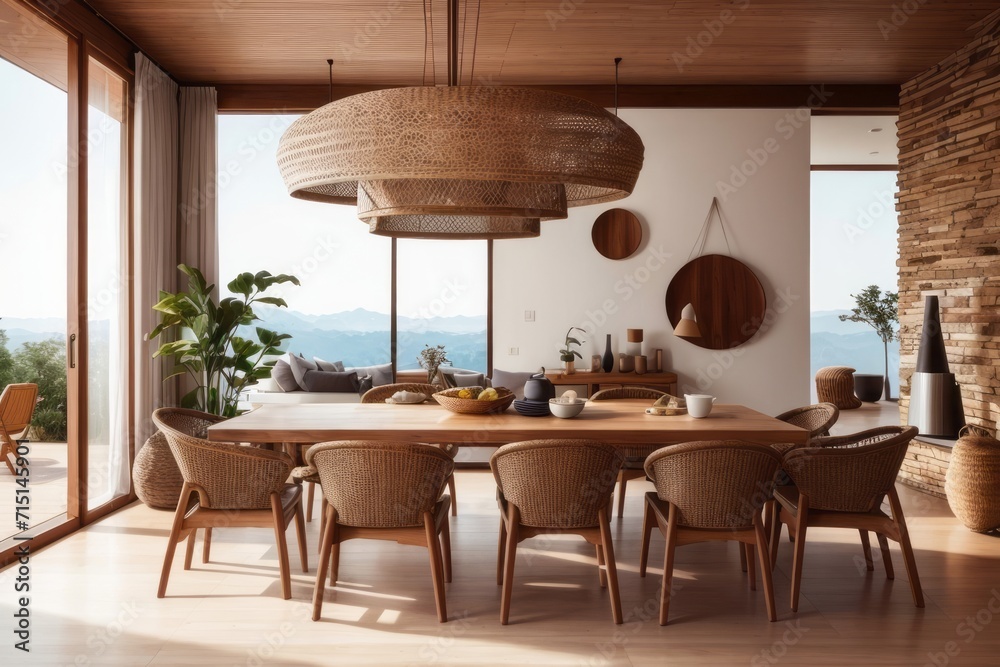Scandinavian interior home design of modern dining room with chairs and wooden dining table with wooden furniture near the window Scandinavian interior home design of modern dining room with chairs and wooden dining table with wooden furniture near the window
