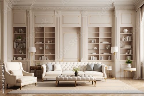 neoclassical interior home design of modern living room with white luxury sofa and bookshelves with elegant decoration on white wall © Basileus