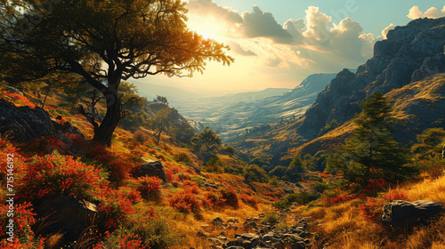 a beautiful mountain valley with a tree and a path leading through the scene. The sun is setting, casting a warm glow over the landscape.