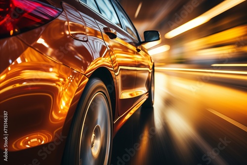 Close-up of a sleek and powerful sports car speeding through the scenic urban landscape