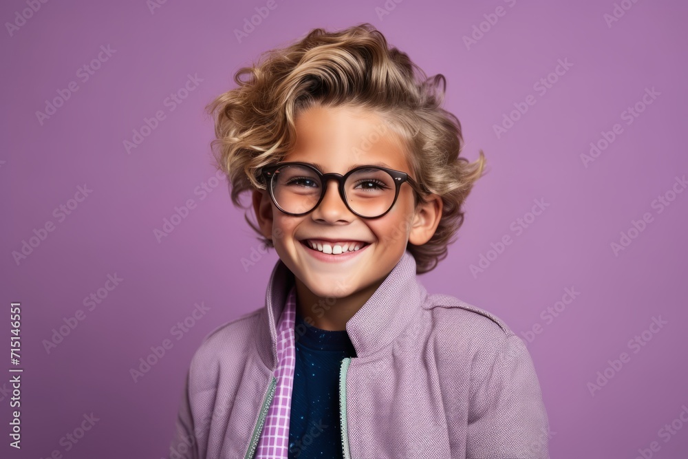 Portrait of a cute little boy in glasses and a purple jacket.
