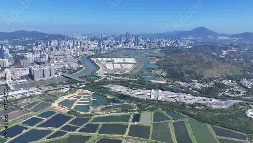 Marshes Nature Reserve wetland Countryside in New Territories Hong Kong Northern Metropolis Development, Drone Aerial Skyview of Fish Pond in Nam Sang Wai San Tin Ngau Tam Mei Mai Po Lok Ma Chau Yuen  photo