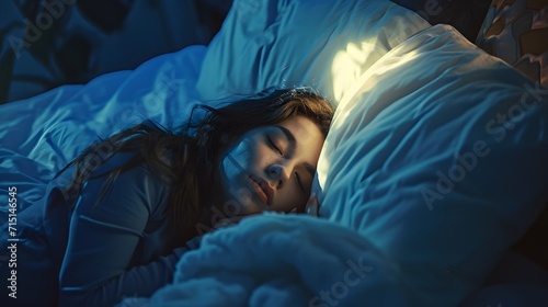 woman sleeping in bed with blue blankets