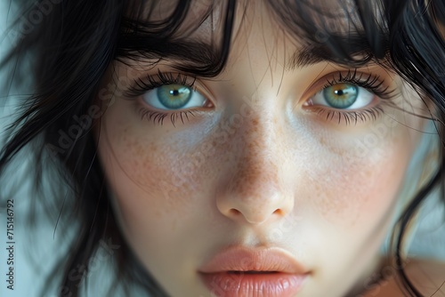 beautiful woman model posing for conceptual photo. woman with black hair and green eyes close up portrait photo