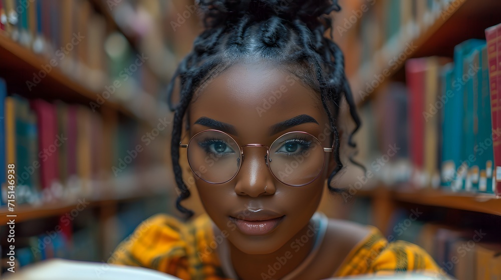 African woman studying for exam on a notebook in a library African woman studying for exam on a notebook in a library
