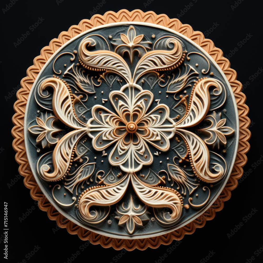 A circular wooden carving with a floral design.