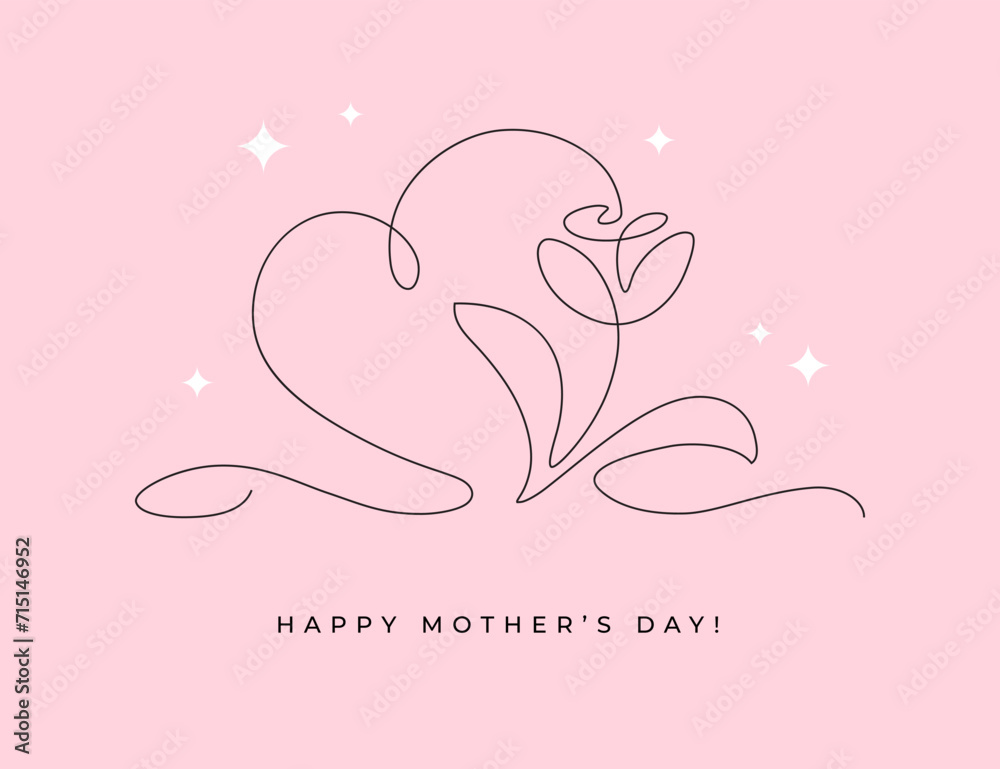 Greeting card or banner design for Mother's Day, Women's or Valentine's Day with elegant continuous monoline flower and heart shape illustration. Greeting card or banner design for Mother's Day, Women's or Valentine's Day with elegant continuous monoline flower and heart shape illustration.