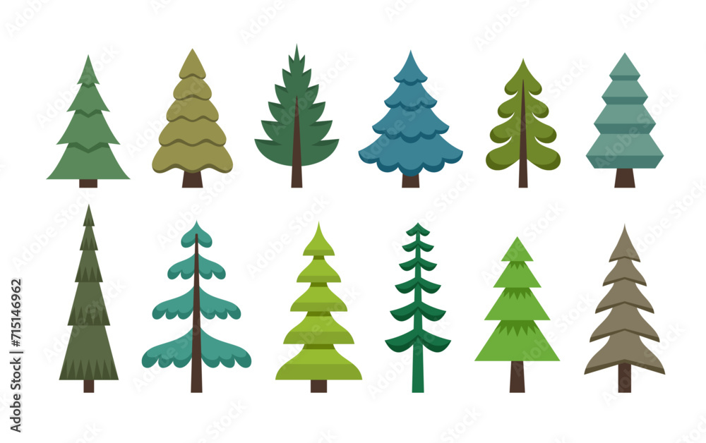 Pine and fir trees vector illustration set in flat style. Christmas trees of different shapes collection. Wood and forest symbol. Pine and fir trees vector illustration set in flat style. Christmas trees of different shapes collection. Wood and forest symbol.