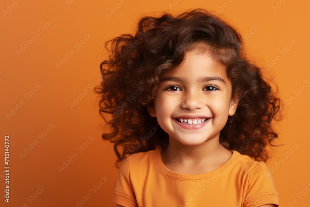 Portrait of a happy little girl with curly hair over orange background Portrait of a happy little girl with curly hair over orange background
