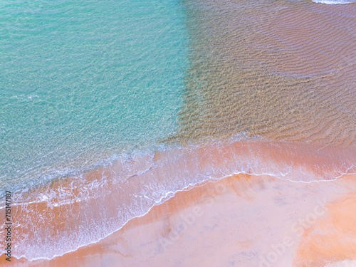 Aerial view of sea crashing waves White foaming waves on beach sand,Top view beach sea surface, Nature sea beach sand background