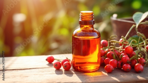 Closeup of a bottle of rosehip oil, touted for its antiinflammatory and antiaging properties, ideal for those in their 40s. photo