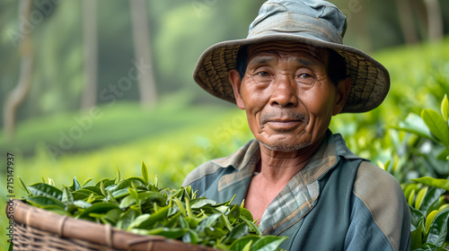 Close-up portrait of a male tea plucker holding a basket of tea leaves. photo