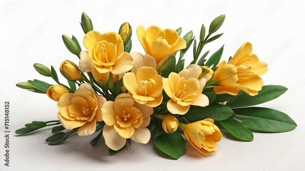 Fototapeta premium Bouquet of freesia flower plant with leaves isolated on white background. 3D rendering. valentine's day, wedding day created with generative ai 