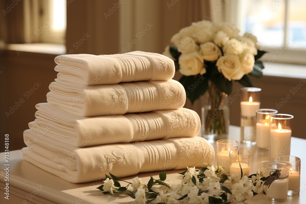 Spa comfort. Sauna towels, flowers, roses on background, relaxation and aromatherapy with candles