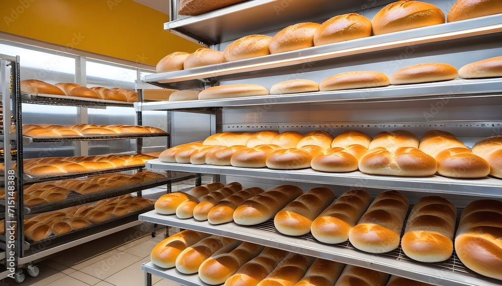 bread bakery with baked loafs on shelves of commercial kitchens concept of bread baking production manufacture business and modern technology created with generative ai