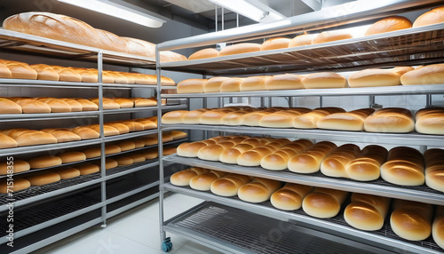 bread bakery with baked loafs on shelves of commercial kitchens concept of bread baking production manufacture business and modern technology created with generative ai