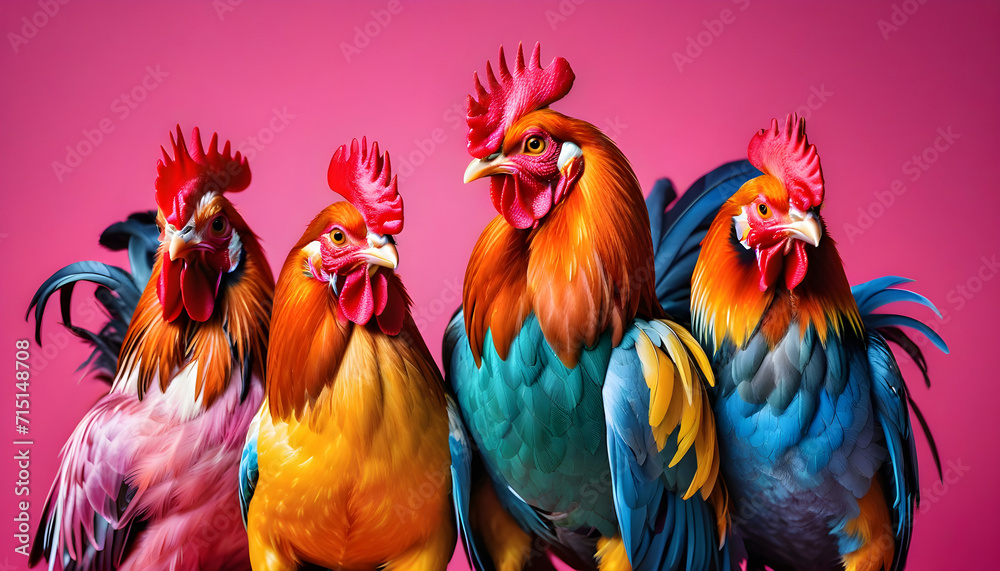 Rooster bird in a group, vibrant bright fashionable outfits isolated on solid background advertisement, copy text space. birthday party invite invitation banner created with generative ai	
