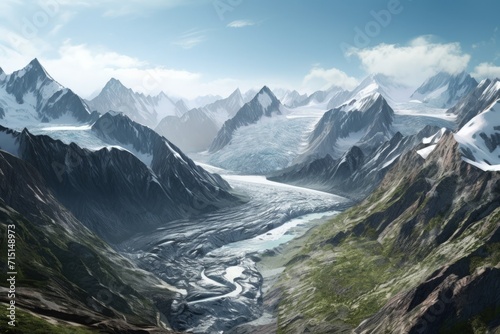 Glacier in Mountains which Decreases over Time, Exposed Rocks and Melt Water, Concept of Melting Glaciers