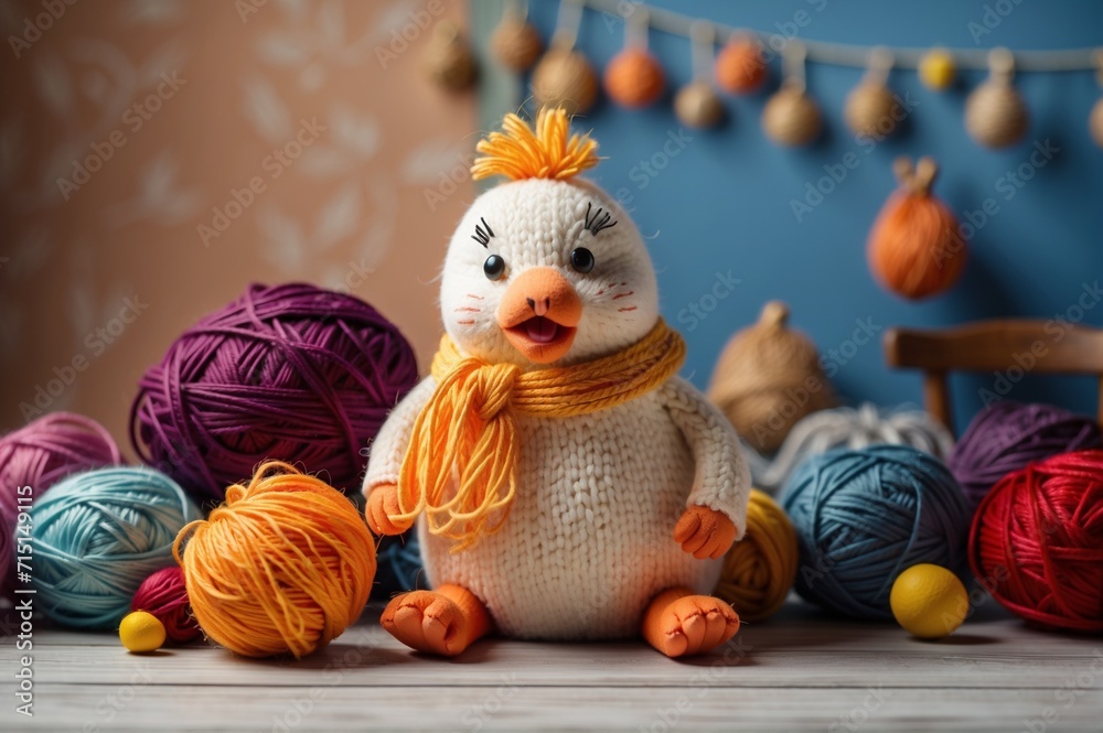 Fototapeta premium Adorable knitted chicken character