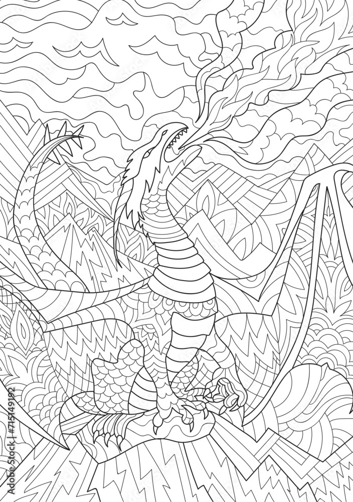 coloring book page for adults and children. Fantasy dragon with wings